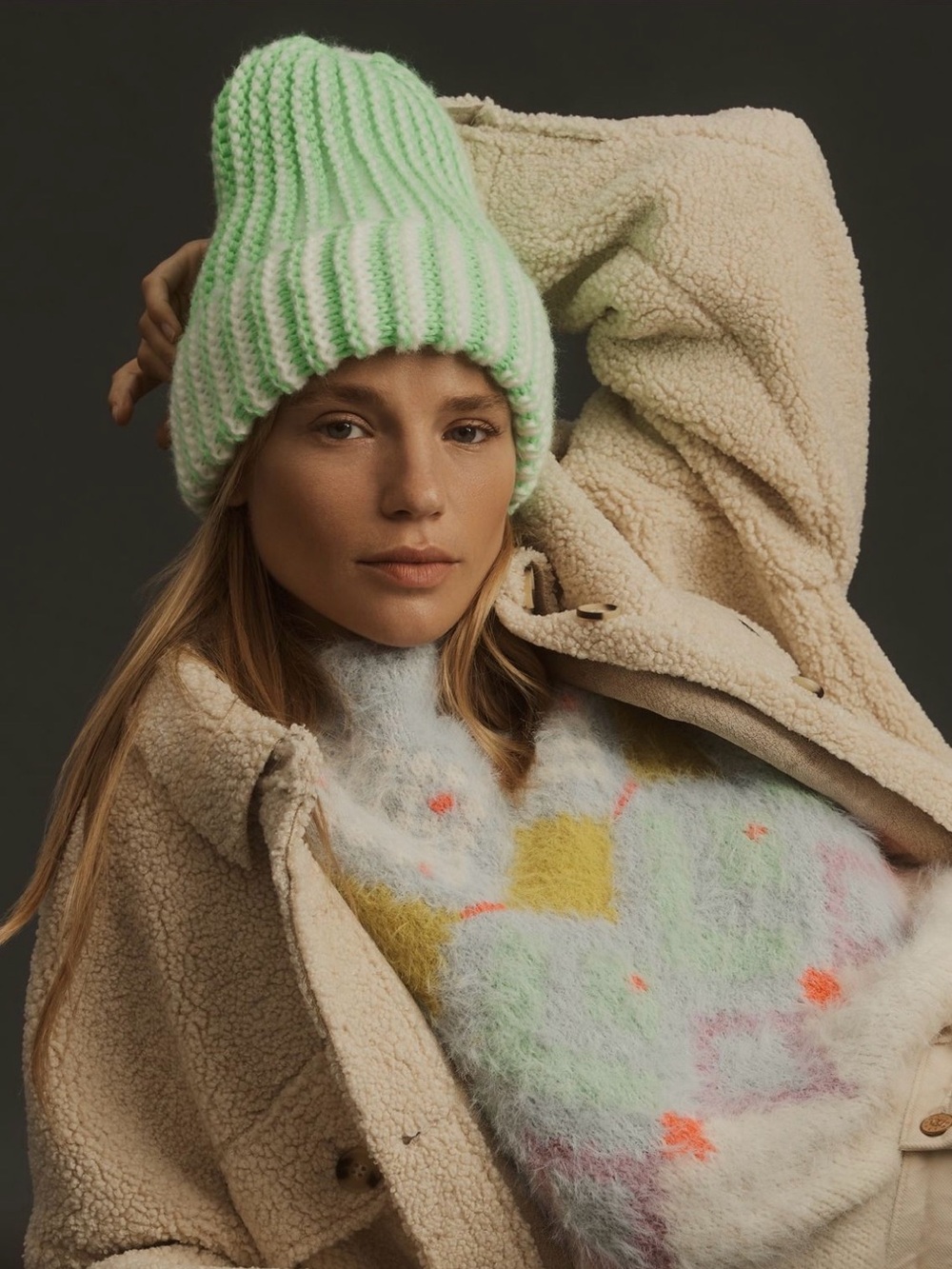 Anthropologie Chunky Knit Two Tone Beanie in Light Green
